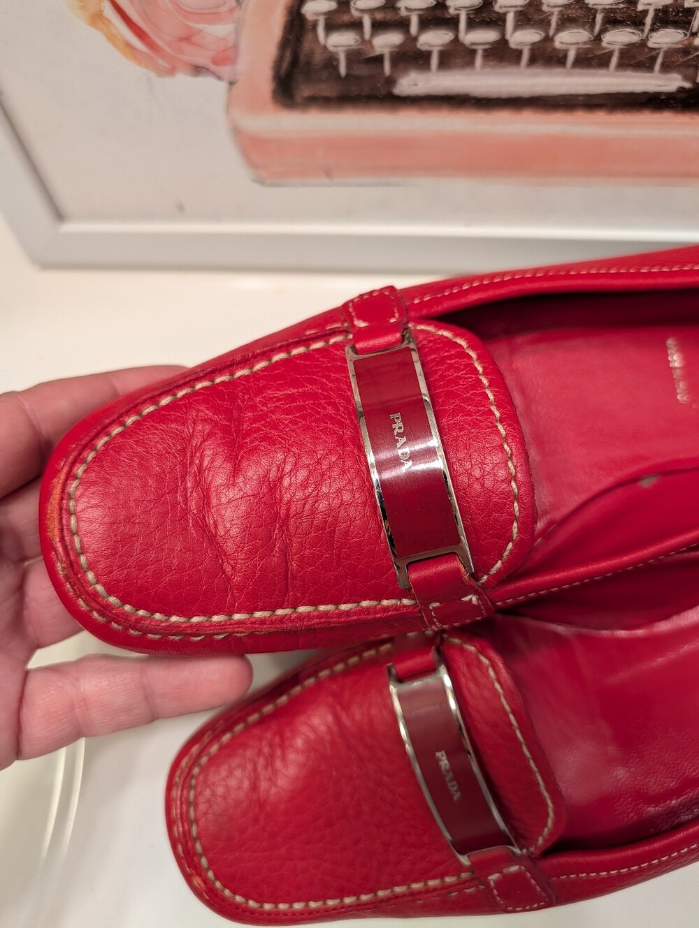 ❤️ Vintage Prada Pebble Leather Slip On Loafers with Metal Logo Bar, 🍒 Red 38.5 - Picture 8 of 16